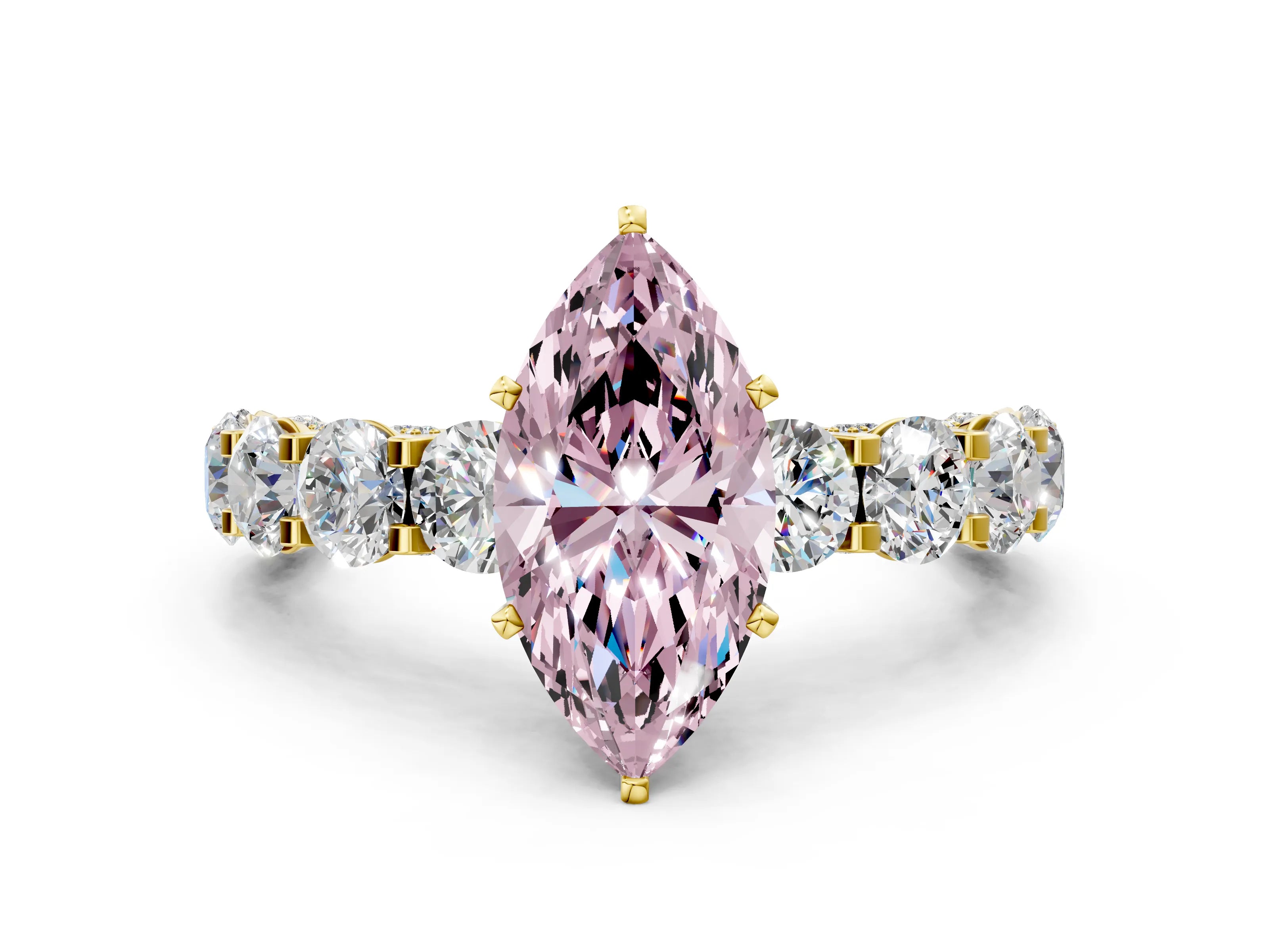 Yellow gold Round Diamond Side Stone Engagement Ring with Six-Prong Setting