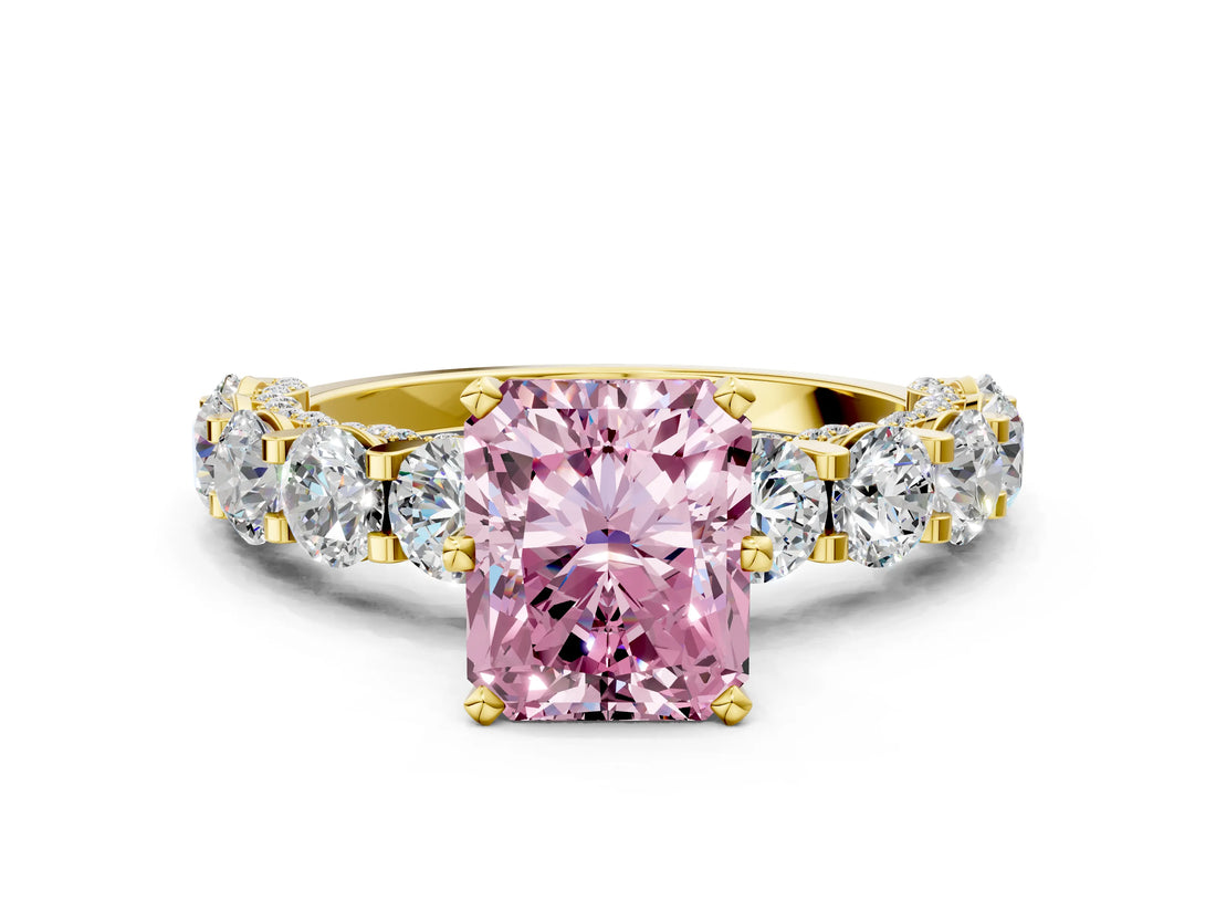 Yellow gold Round Diamond Side Stone Engagement Ring with Six-Prong Setting