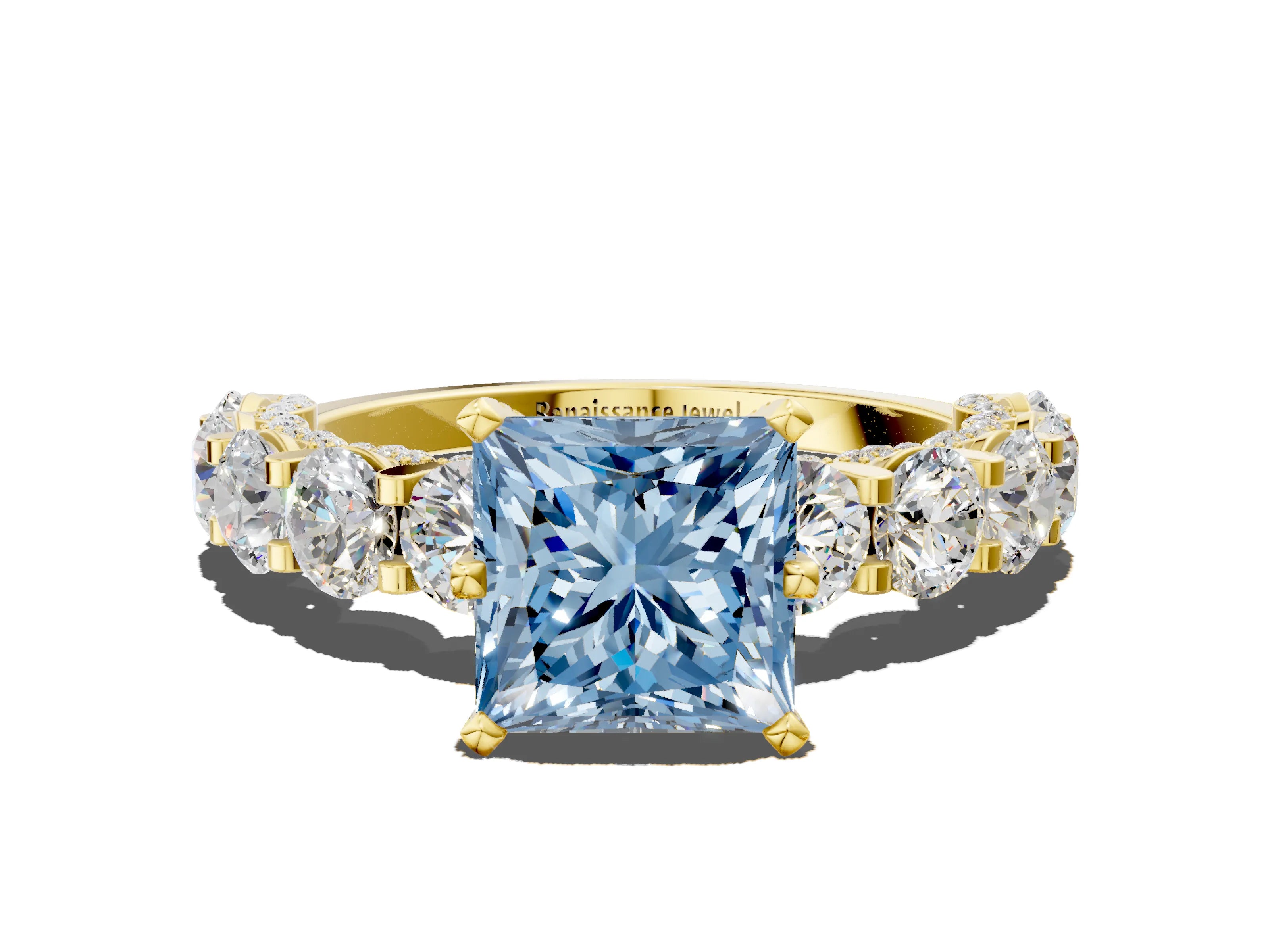 Yellow gold Round Diamond Side Stone Engagement Ring with Six-Prong Setting