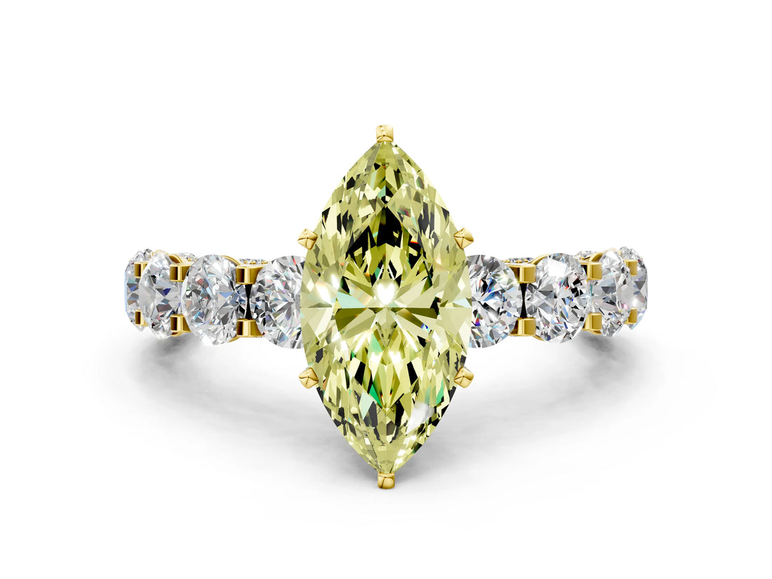 Yellow gold Round Diamond Side Stone Engagement Ring with Six-Prong Setting