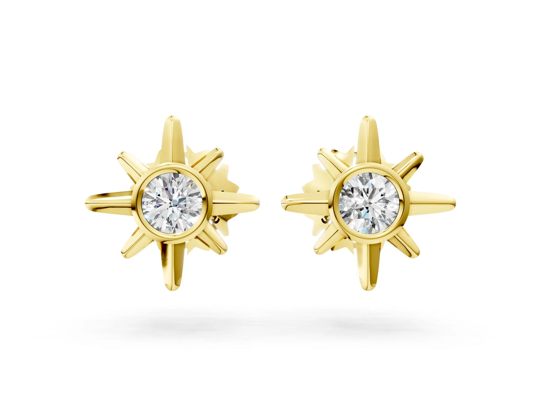 Yellow gold Round Diamond Sol Starburst Stud Earrings_12