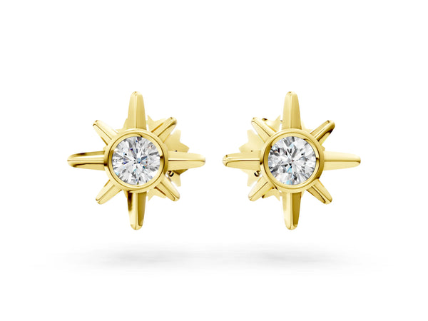 Yellow gold Round Diamond Sol Starburst Stud Earrings