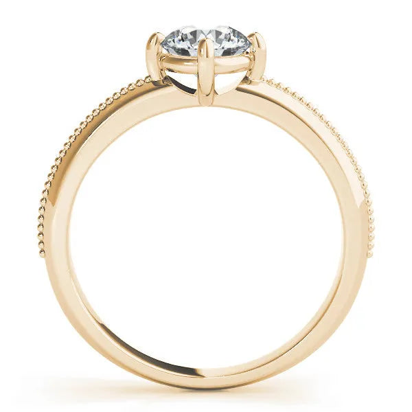 Yellow gold Round Diamond Solitaire Ring with Beaded Band and Four-Prong Setting