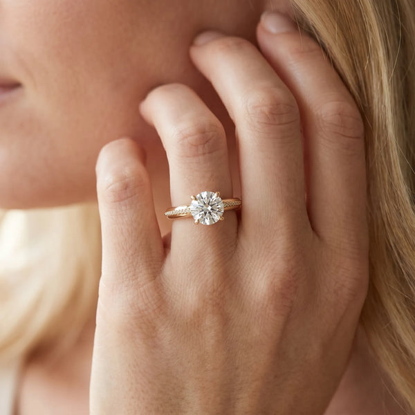Yellow gold Round Diamond Solitaire Ring with Beaded Band and Four-Prong Setting