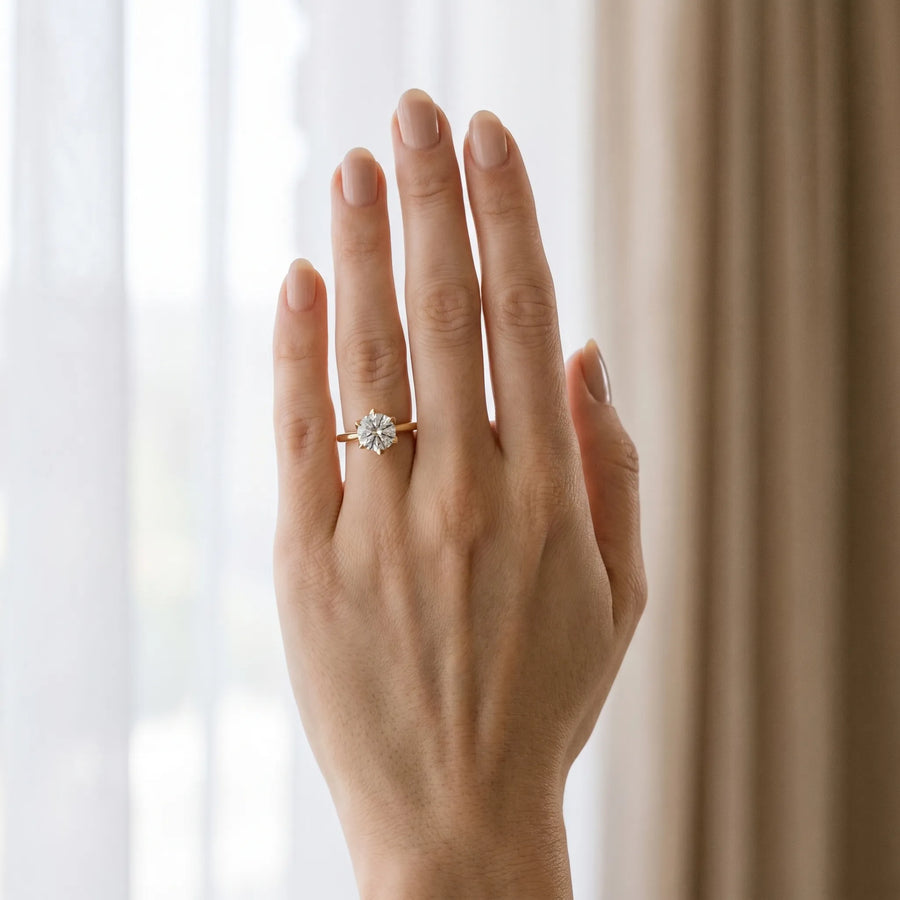 Yellow gold Round Diamond Solitaire Ring with Classic Band and Six-Prong Setting