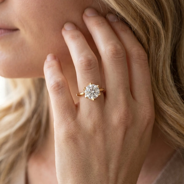 Yellow gold Round Diamond Solitaire Ring with Classic Band and Six-Prong Setting