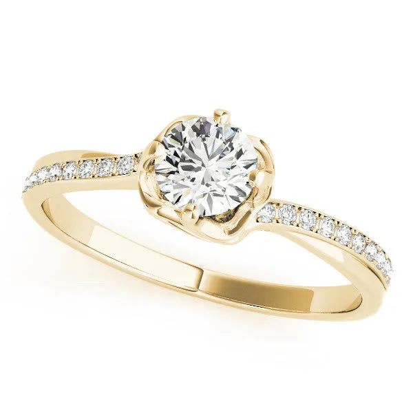 Yellow gold Round Diamond Solitaire Ring with Pavé Band and Sculpted Prong Setting