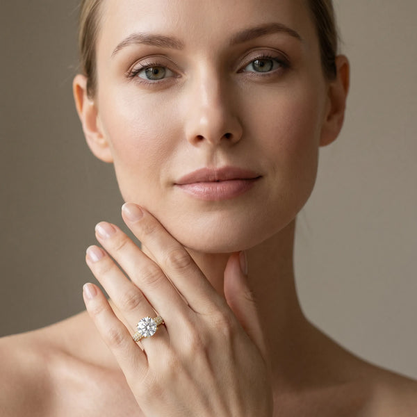 Yellow gold Round Diamond Solitaire Ring with Prong Setting and Pavé Band