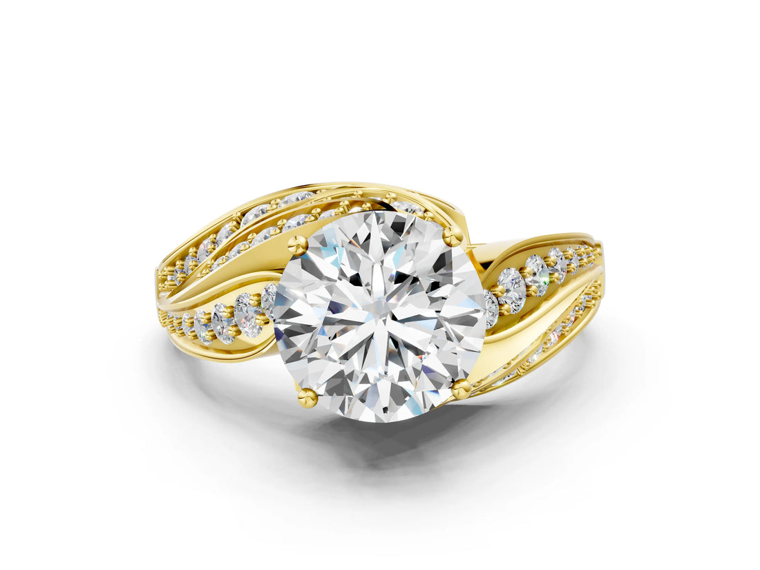 Yellow gold Round Diamond Solitaire Ring with Prong Setting and Twisted Pavé Band_6