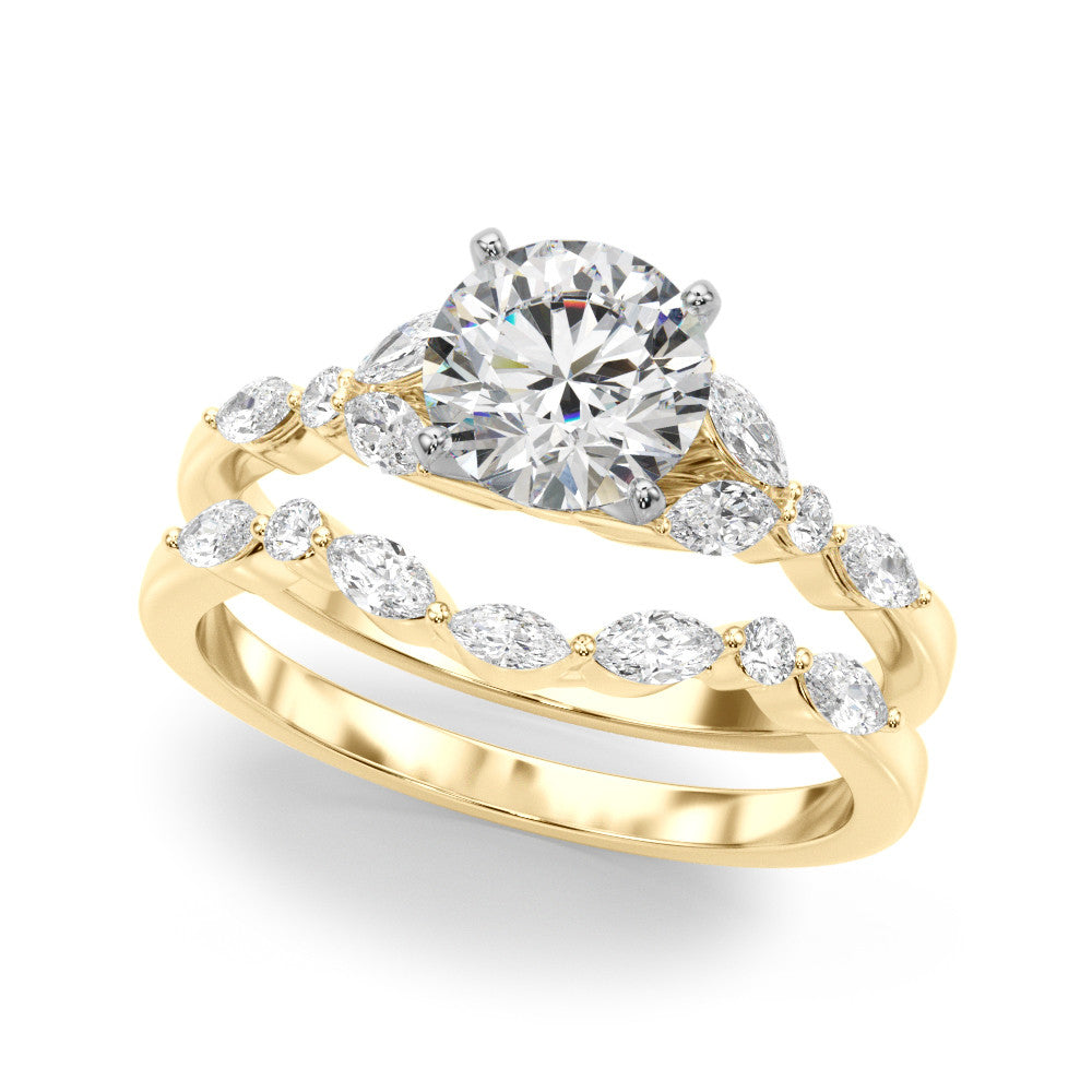 Yellow gold Round Diamond Solitaire with Side Stones on a White Gold Band and Four-Prong Setting 1