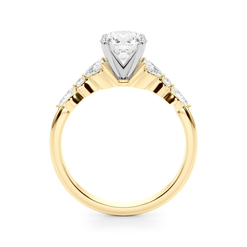 Yellow gold Round Diamond Solitaire with Side Stones on a White Gold Band and Four-Prong Setting 2