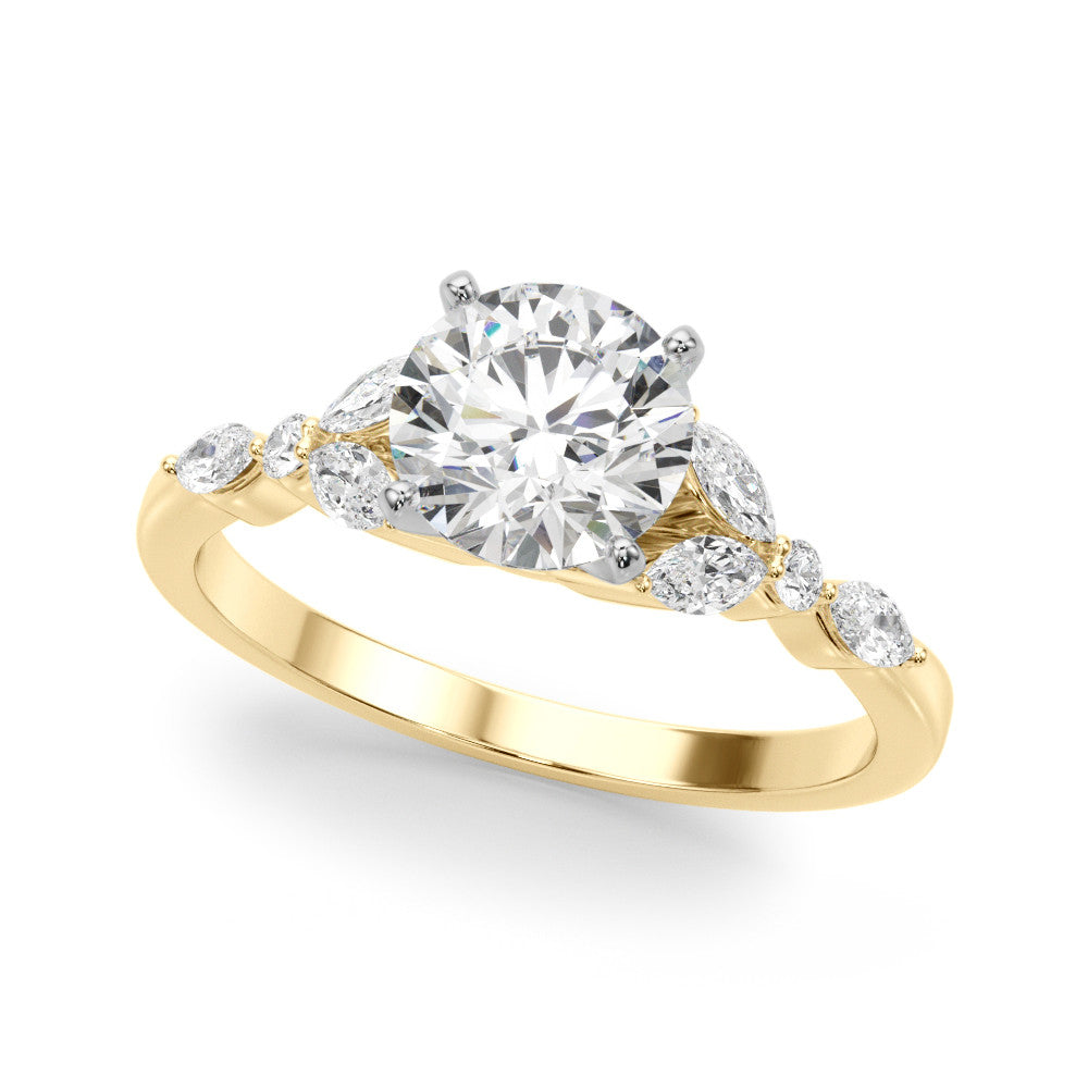 Yellow gold Round Diamond Solitaire with Side Stones on a White Gold Band and Four-Prong Setting