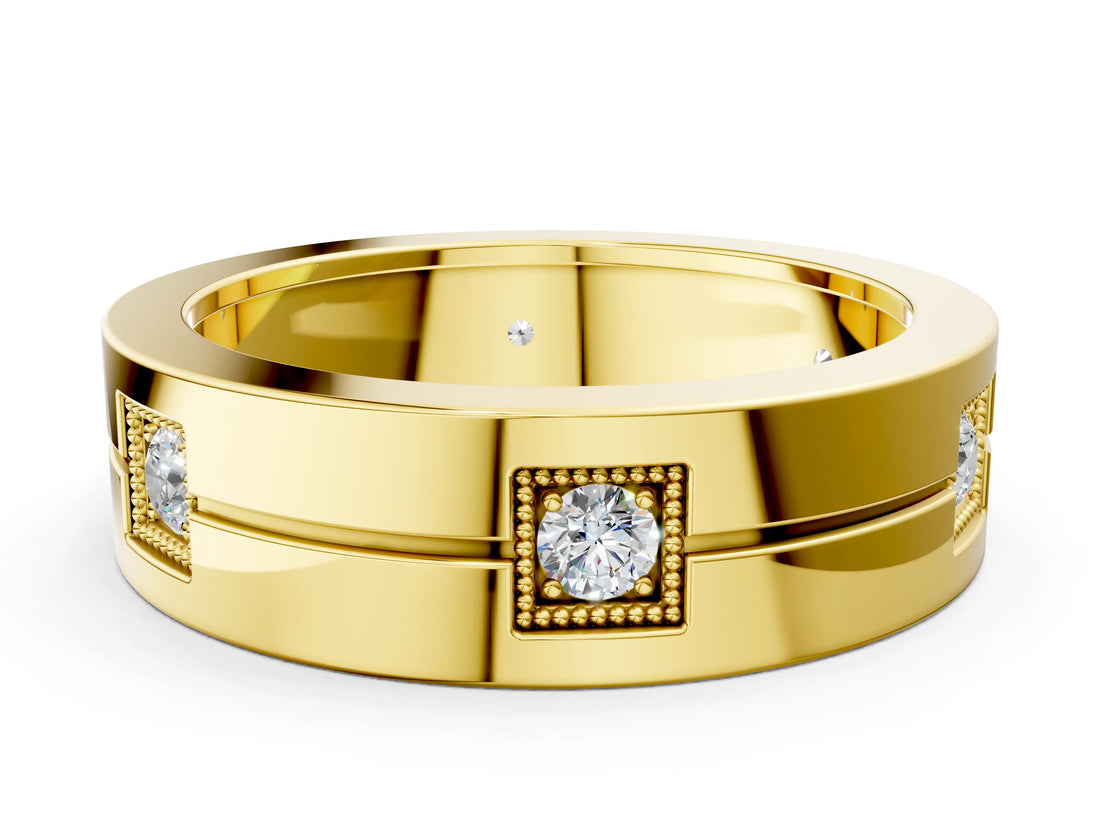 Yellow gold Round Diamond Square Station Mens Band