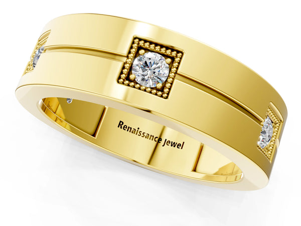 Yellow gold Round Diamond Square Station Mens Band