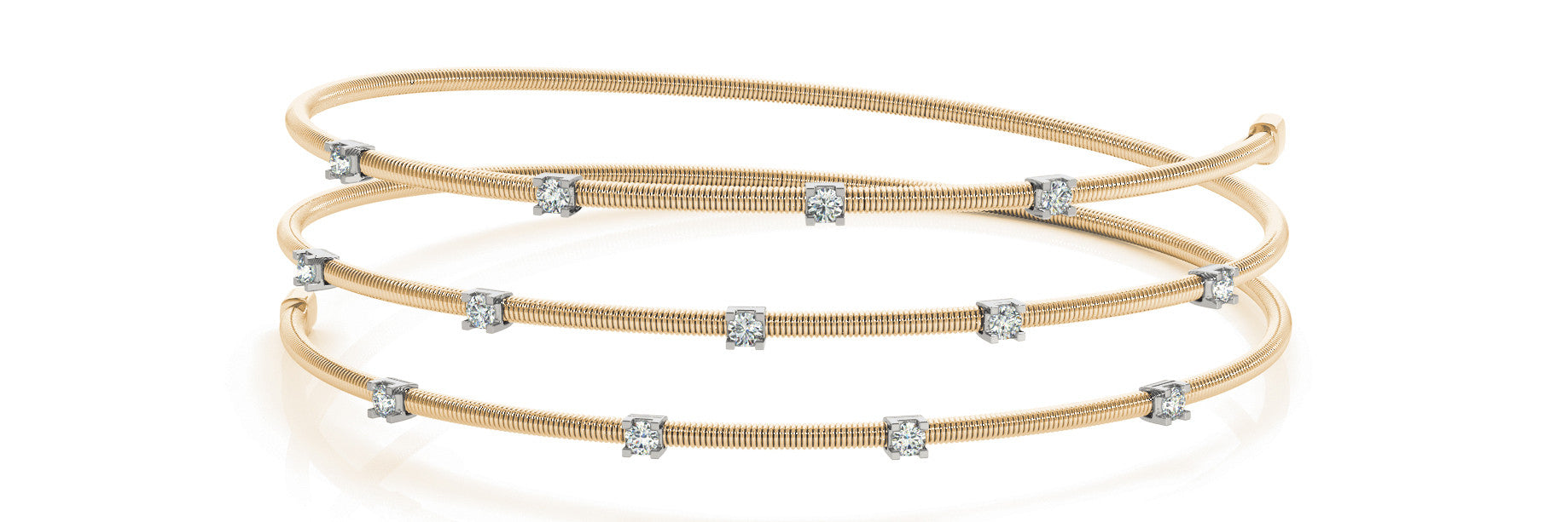 Yellow gold Round Diamond Station Coiled Bracelet with Channel Set Stones and Four-Prong Setting