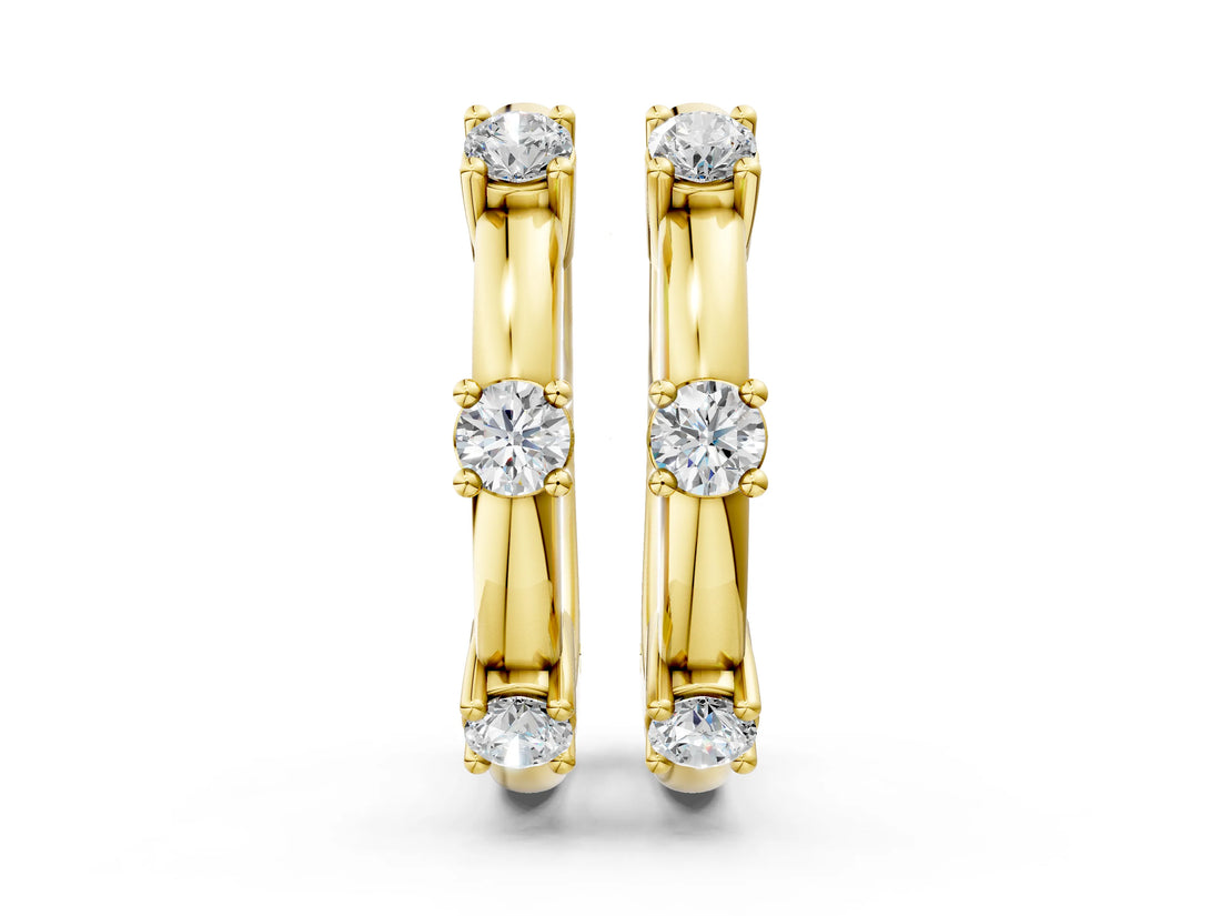 Yellow gold Round Diamond Station Huggie Hoop Earrings_18