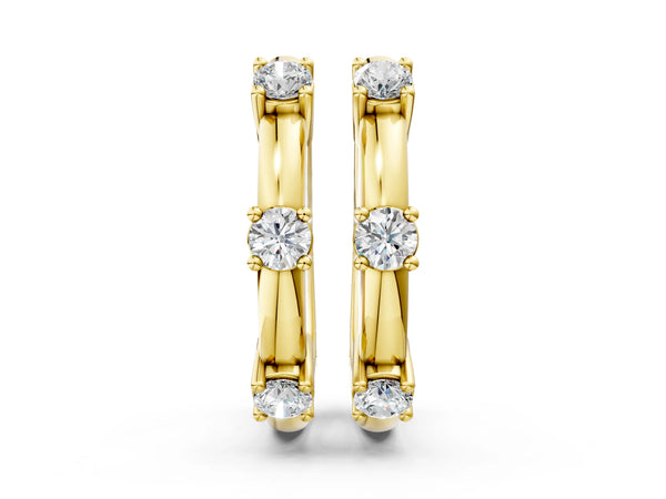 Yellow gold Round Diamond Station Huggie Hoop Earrings