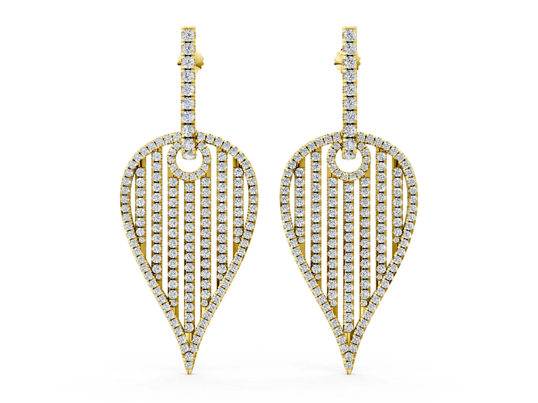 Yellow gold Round Diamond Striped Teardrop Statement Drop Earrings_16