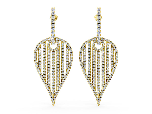 Yellow gold Round Diamond Striped Teardrop Statement Drop Earrings