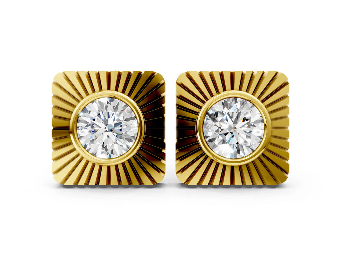 Yellow gold Round Diamond Sunburst Square Stud Earrings_6