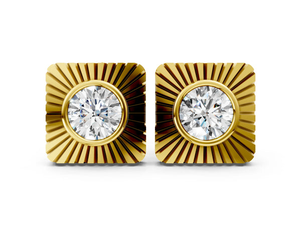 Yellow gold Round Diamond Sunburst Square Stud Earrings