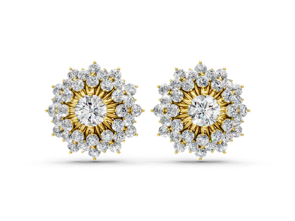 Yellow gold Round Diamond Sunburst Stud Earrings