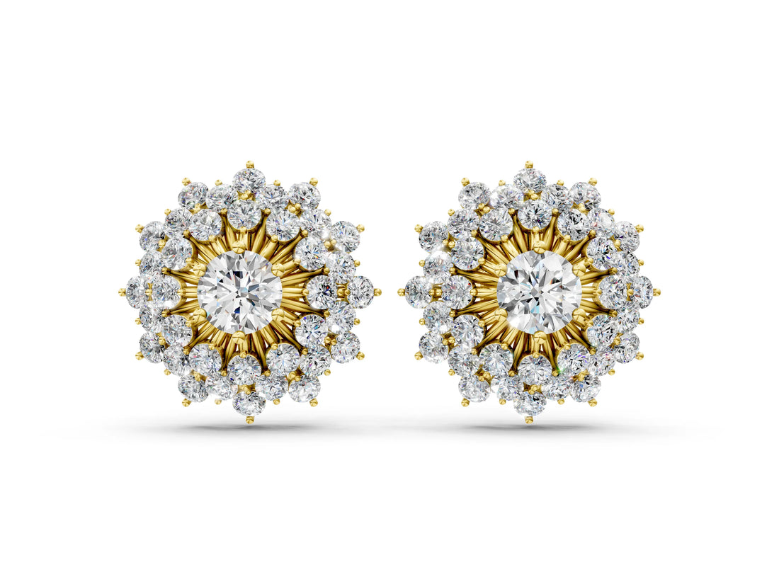 10K Yellow Gold 1.15 Carat E VS Round Diamond Sunburst Stud Earrings