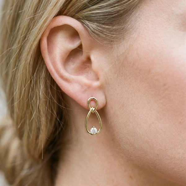 Yellow gold Round Diamond Teardrop Earrings with Bezel Setting and Loop Band