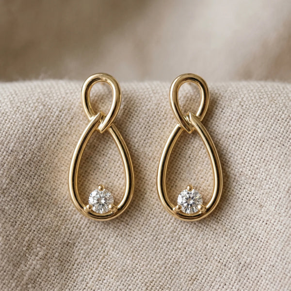 Yellow gold Round Diamond Teardrop Earrings with Bezel Setting and Loop Band