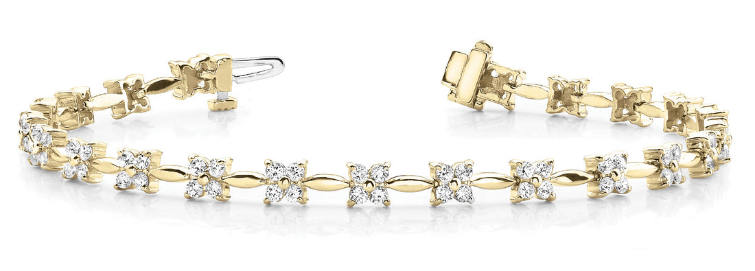 Yellow gold Round Diamond Tennis Bracelet with Flower Cluster Setting and Four-Prong Design