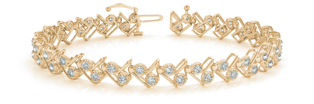 Yellow gold Round Diamond Tennis Bracelet with Geometric Link Band and Four-Prong Setting