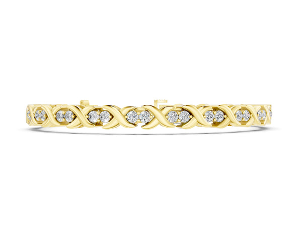 Yellow gold Round Diamond Tennis Bracelet with X-Link Band and Prong Setting
