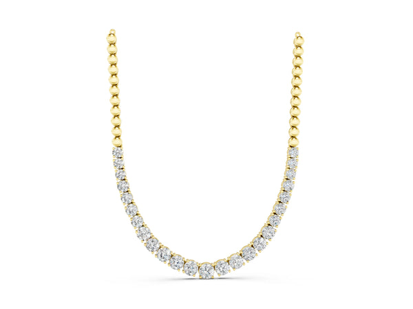 Yellow gold Round Diamond Tennis Necklace with Prong Setting and Bead Chain