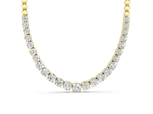 Yellow gold Round Diamond Tennis Necklace with Prong Setting and Bead Chain