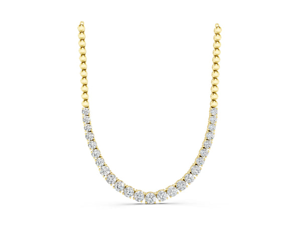 Yellow gold Round Diamond Tennis Necklace with Prong Setting and Bead Chain