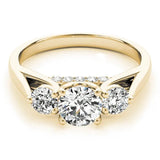 Yellow gold Round Diamond Three-Stone Engagement Ring with Prong Setting and Pavé Band 1