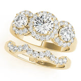 Yellow gold Round Diamond Three-Stone Halo Ring with Prong Setting and Pavé Accents 1