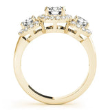 Yellow gold Round Diamond Three-Stone Halo Ring with Prong Setting and Pavé Accents 2