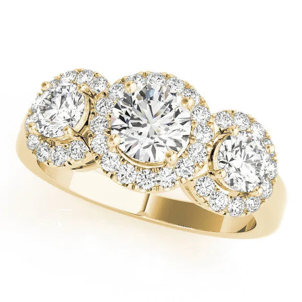 Yellow gold Round Diamond Three-Stone Halo Ring with Prong Setting and Pavé Accents