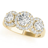 Yellow gold Round Diamond Three-Stone Halo Ring with Prong Setting and Pavé Accents