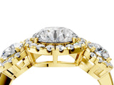 Yellow gold Round Diamond Three-Stone Halo Ring with Prong Setting and Pavé Accents_10