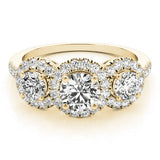 Yellow gold Round Diamond Three-Stone Halo Ring with Prong Setting and Pavé Band 1