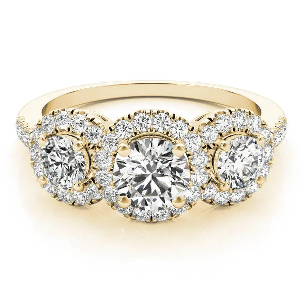 Yellow gold Round Diamond Three-Stone Halo Ring with Prong Setting and Pavé Band