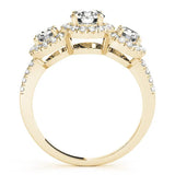 Yellow gold Round Diamond Three-Stone Halo Ring with Prong Setting and Pavé Band 2