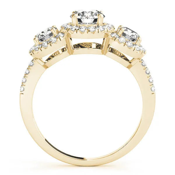 Yellow gold Round Diamond Three-Stone Halo Ring with Prong Setting and Pavé Band