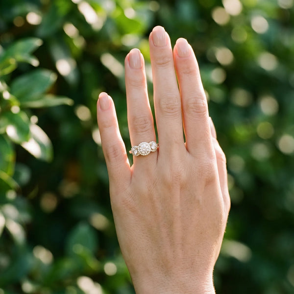 Yellow gold Round Diamond Three-Stone Halo Ring with Prong Setting and Pavé Band