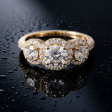 Yellow gold Round Diamond Three-Stone Halo Ring with Prong Setting and Pavé Band_15