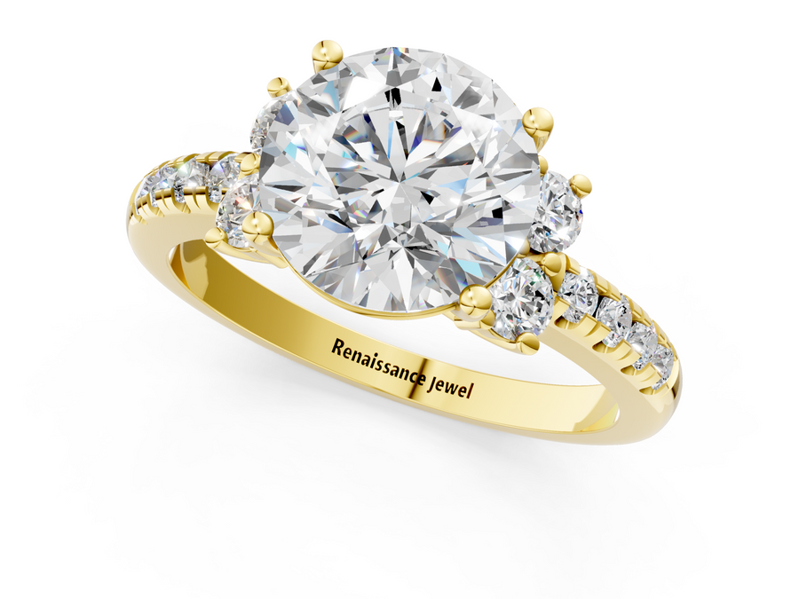 Yellow gold Round Diamond Three-Stone Pave Band with Four-Prong Setting