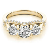 Yellow gold Round Diamond Three-Stone Ring with Prong Setting and Pavé Band 1