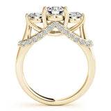Yellow gold Round Diamond Three-Stone Ring with Prong Setting and Pavé Band 2